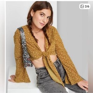 Floral Mustard Tie-Front Top L